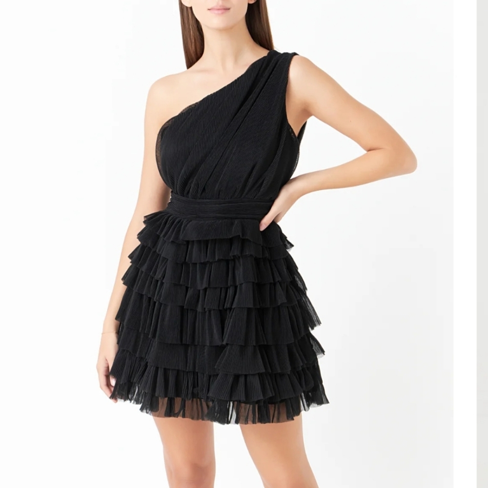 Endless Rose Tiered Tulle Mini Dress Black One Shoulder Structured Size Small